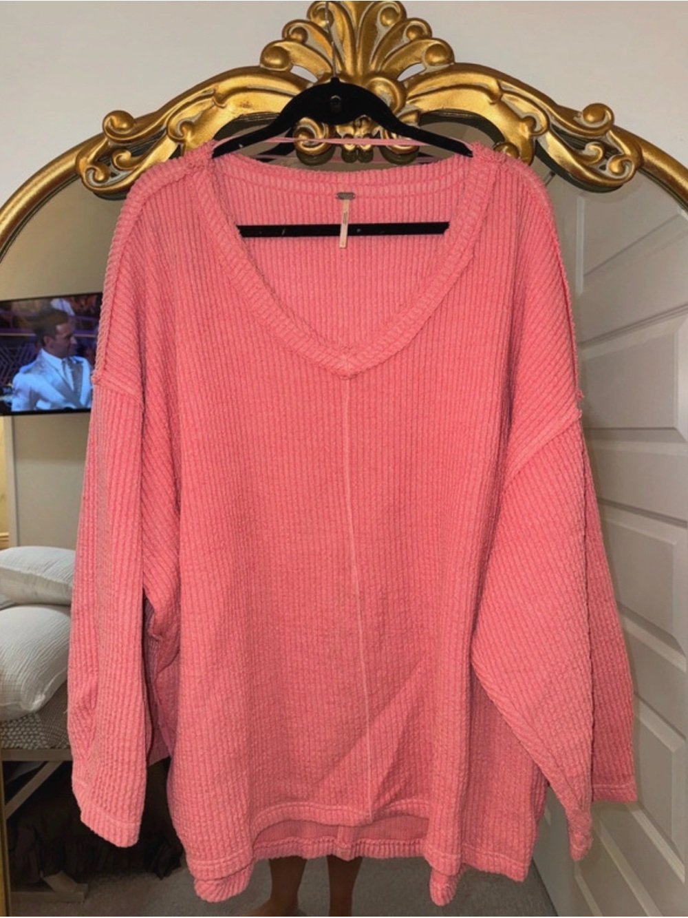 Free People Coral Pink V-Neck Ribbed Sweater